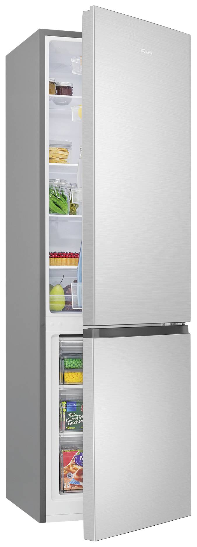 Ein geöffneter Kühlschrank zeigt verschiedene Lebensmittel auf mehreren Regalen, darunter Gemüse und Getränke.