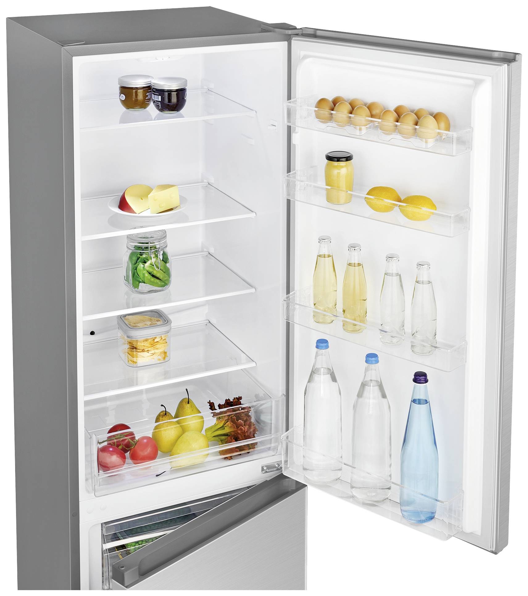 Ein geöffneter Kühlschrank mit verschiedenen Lebensmitteln: Eier, Flaschen, Zitronen, Gemüse, Käse und Marmelade in den Regalen.