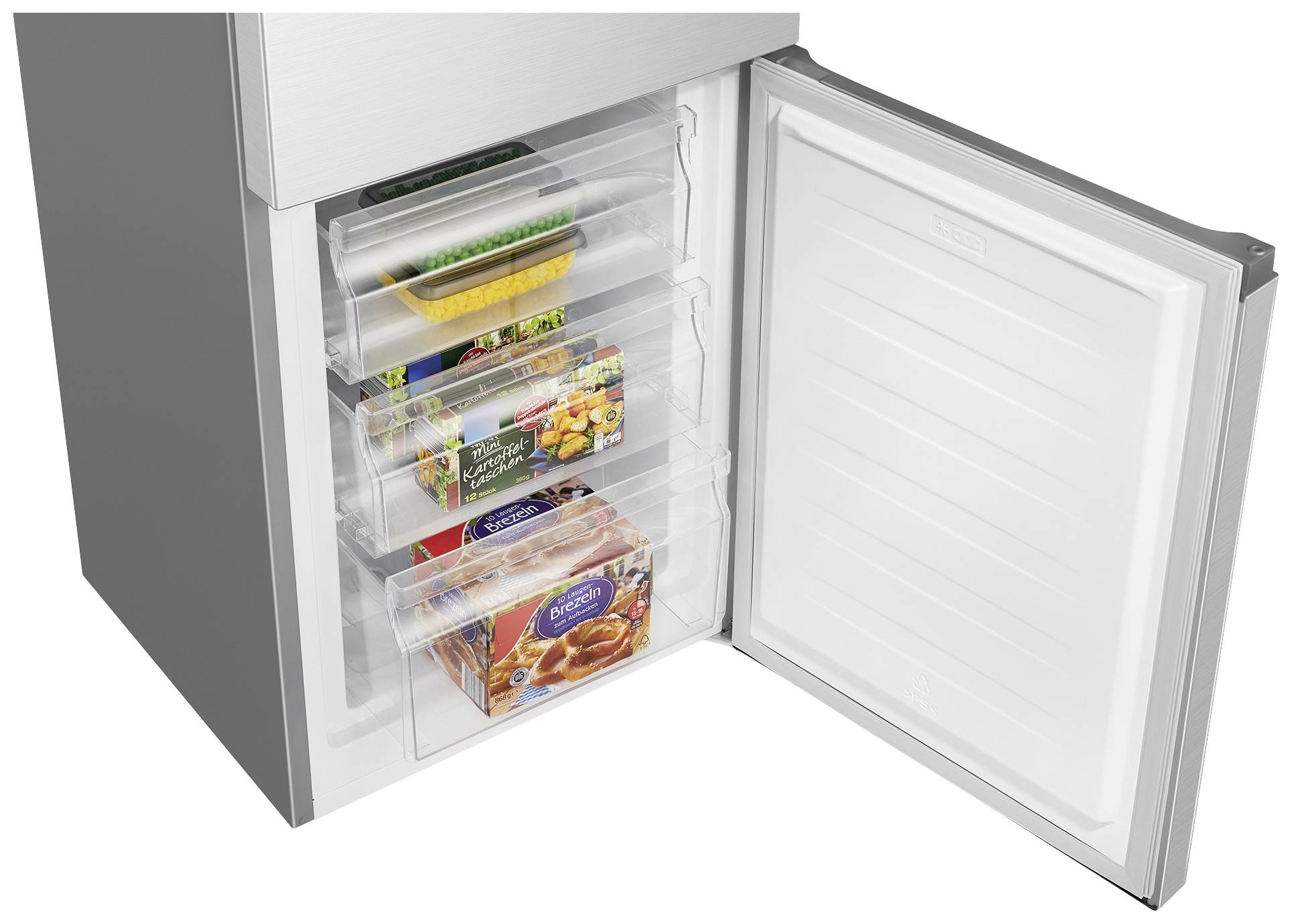 Ein offener Gefrierschrank mit vier transparenten Schubladen, gefüllt mit verschiedenen Lebensmitteln in Verpackungen.