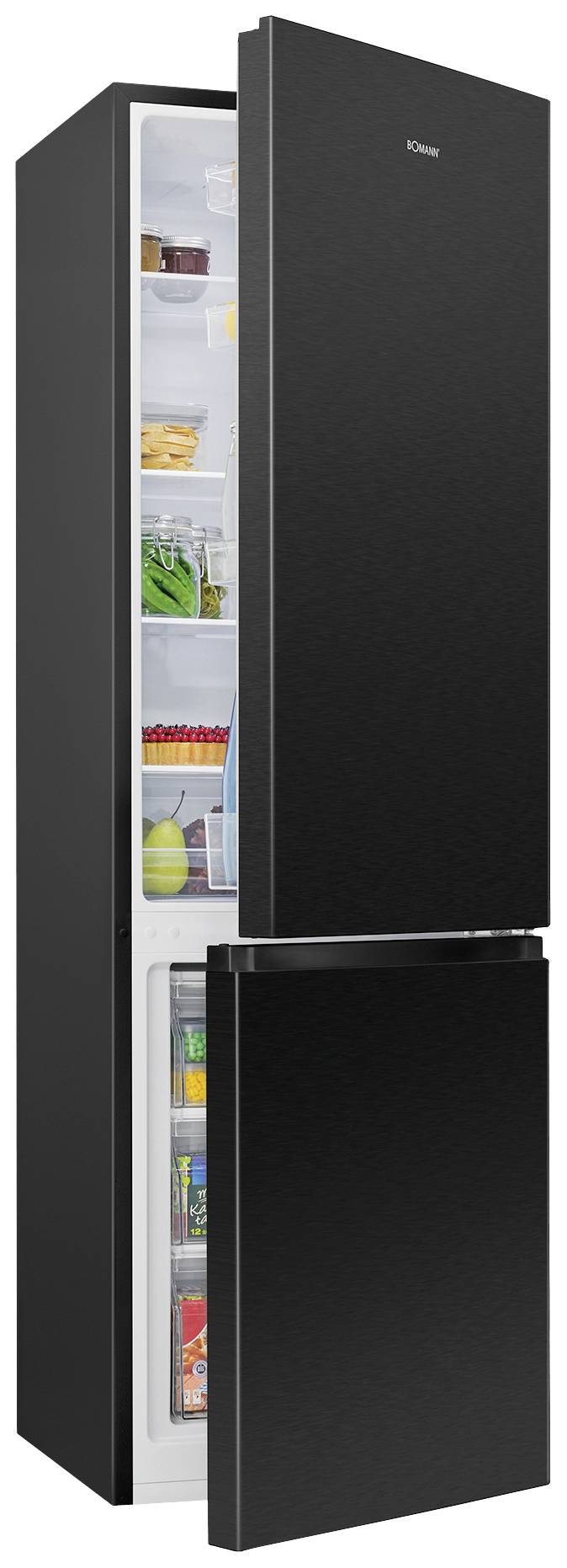 Ein schwarzer Kühlschrank mit zwei Türen, teilweise geöffnet, zeigt innen Lebensmittel wie Gemüse, Milchprodukte und Getränke.