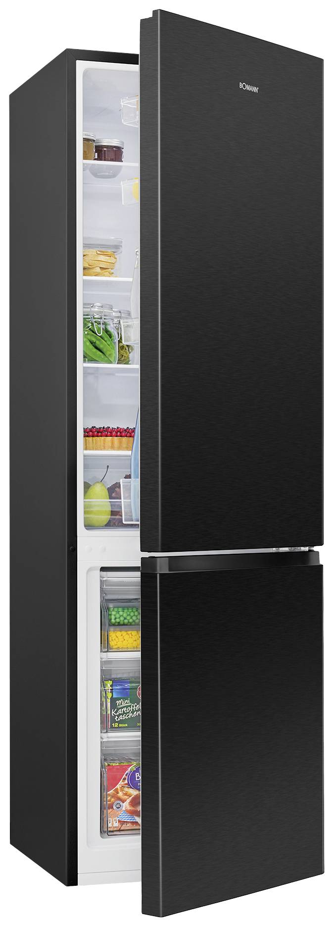 Ein schwarzer, geöffneter Kühlschrank mit sichtbaren Lebensmitteln wie Gemüse, Getränken und verpackten Waren in den oberen Regalen.