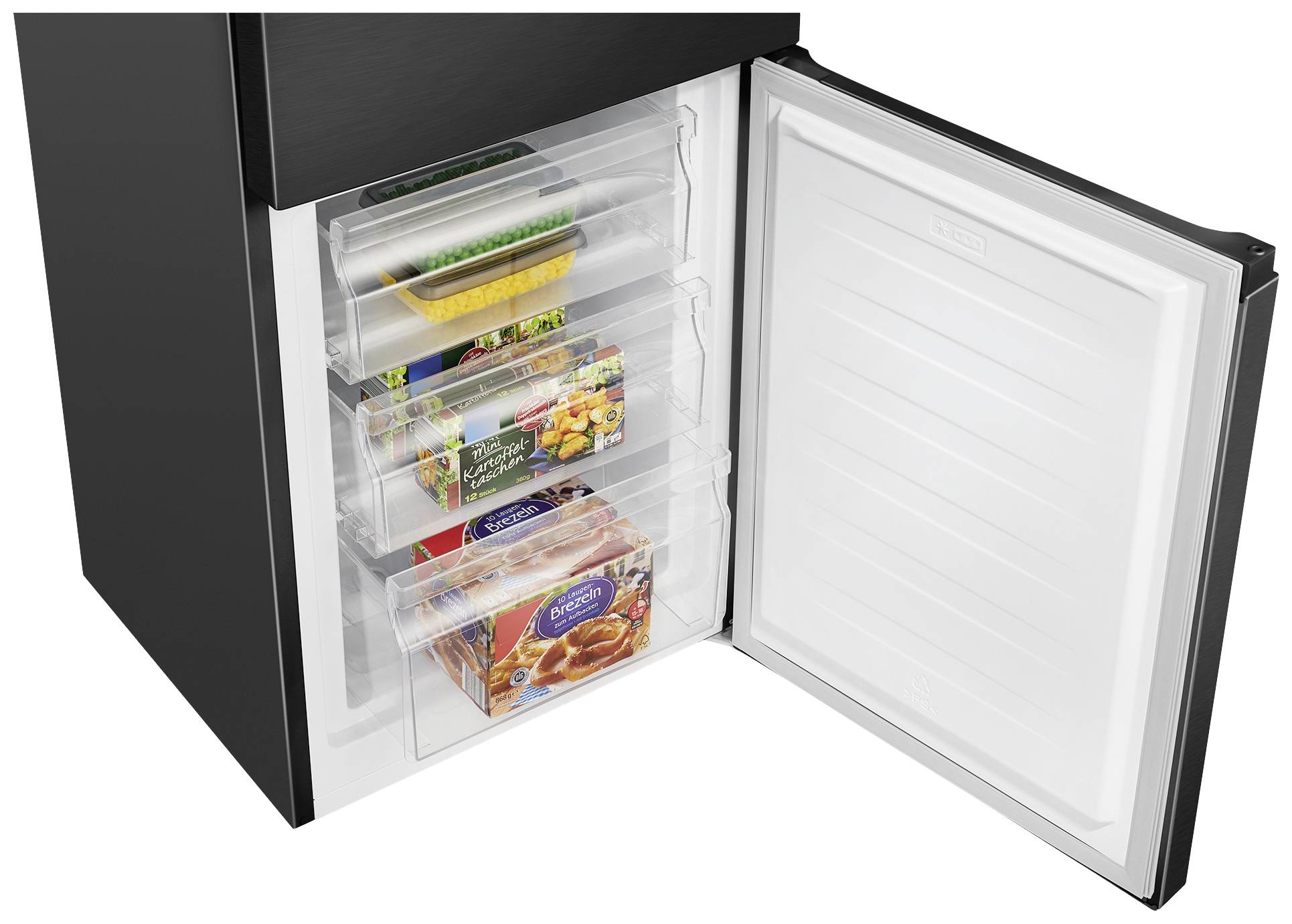 Ein halb geöffneter Gefrierschrank mit vier transparenten Schubladen, die verschiedene gefrorene Lebensmittel wie Gemüse und Fleischprodukte enthalten.