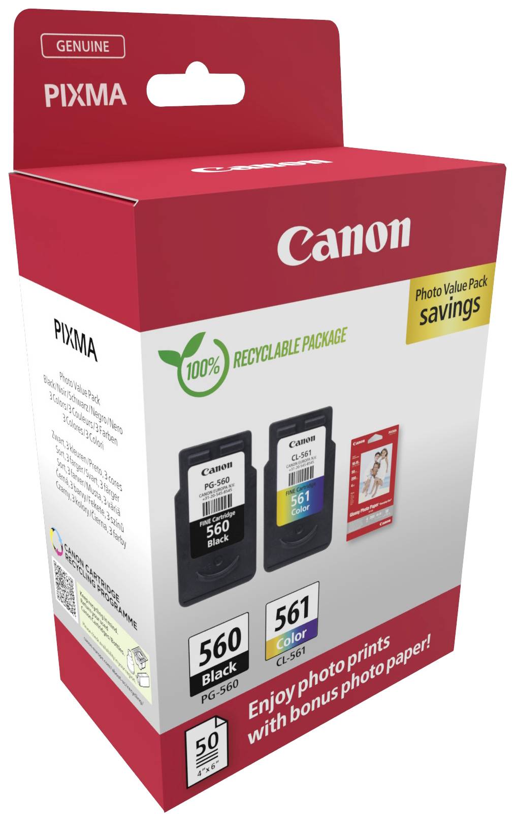 'Canon PIXMA Photo Value Pack' Verpackung mit 50 Blatt Fotopapier und zwei Druckerpatronen (Schwarz 560, Farbe 561).