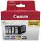 'Canon Maxify Tintenpatronen Multipack' zeigt vier Tintenpatronen (Cyan, Magenta, Gelb, Schwarz). Verpackung mit '100% recycelbares Paket' und 'Multi Value Pack savings'.
