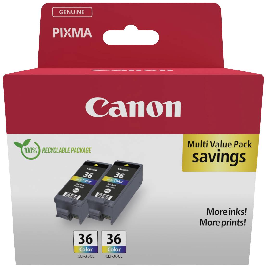 Canon Tintenpatronen-Multipack für PIXMA-Drucker, recycelbare Verpackung, enthält zwei Patronen mit der Bezeichnung '36 Color'.