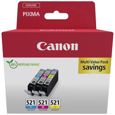 'Canon' Druckerpatronen-Multipack mit drei Patronen in den Farben Cyan, Magenta und Gelb. Verpackung betont umweltfreundliches Design.
