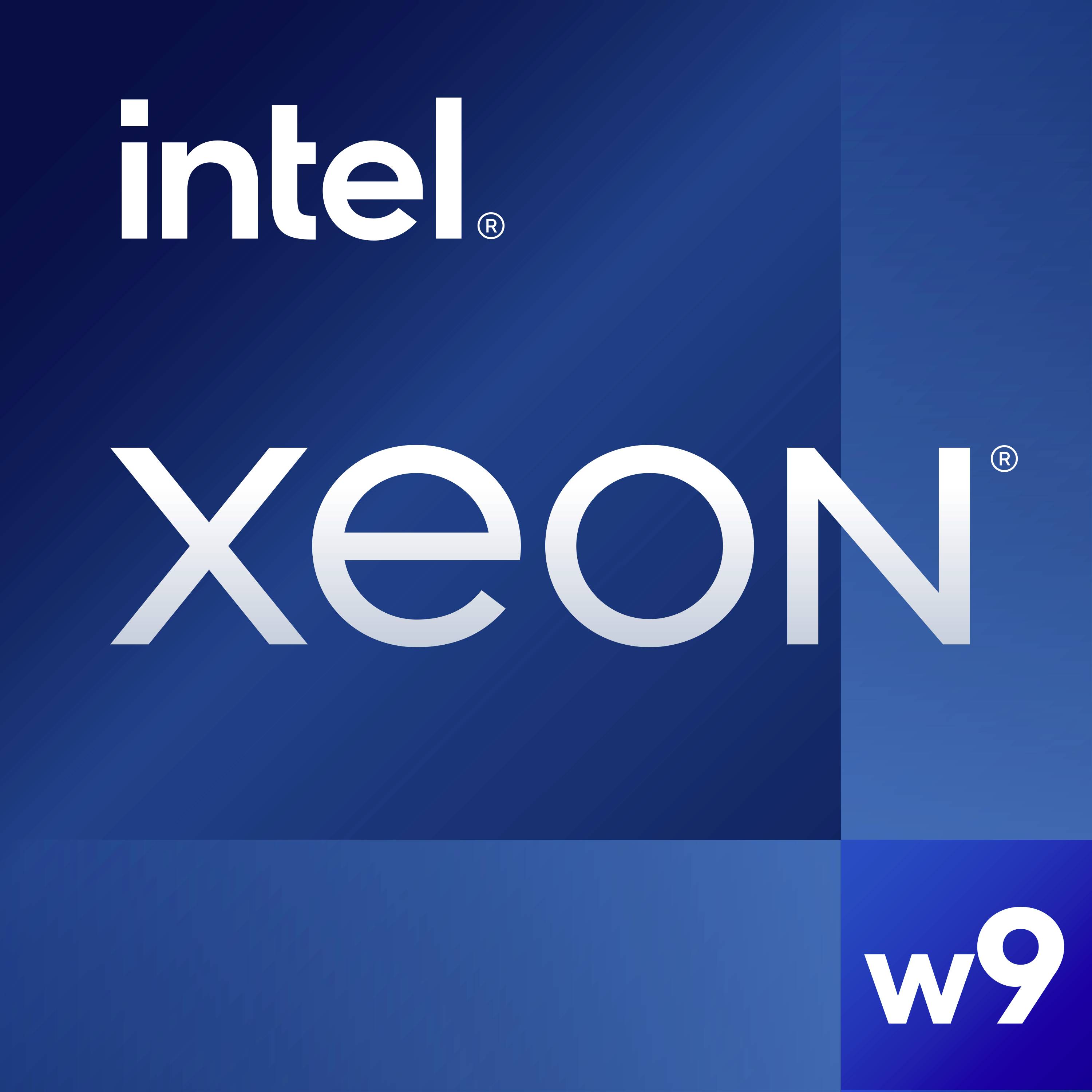'Intel Xeon w9' Logo auf blauem Hintergrund.