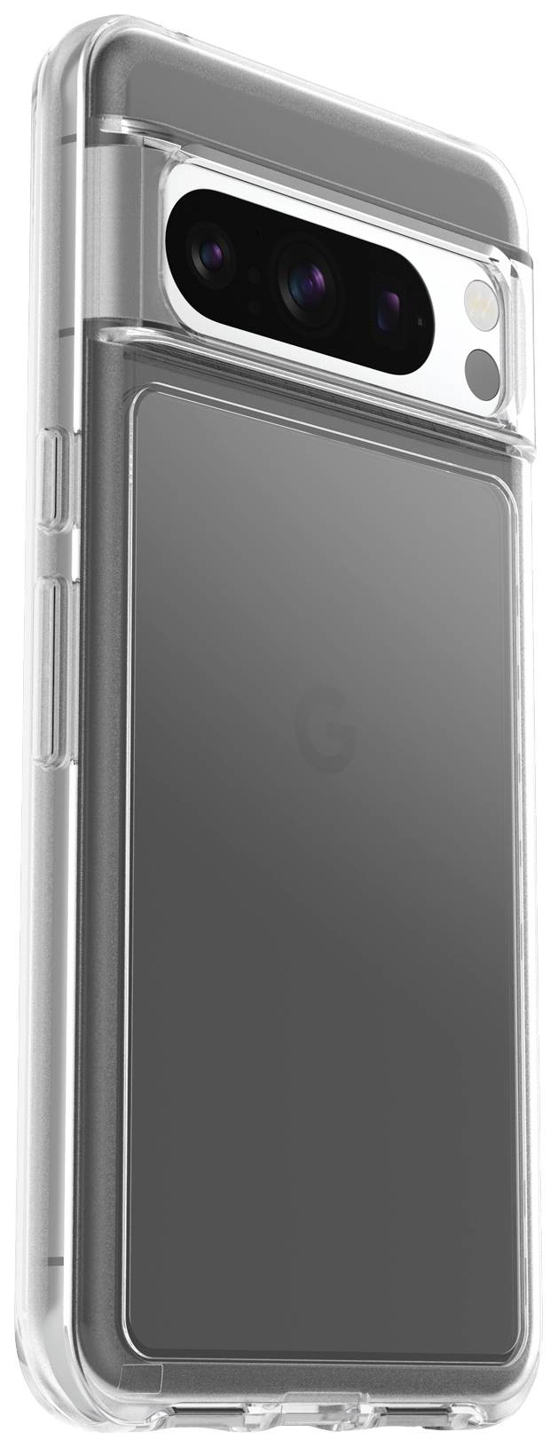 Smartphone in transparentem Gehäuse, Rückansicht mit Kameralinsen und Blitzlicht. Hochwertiges, modernes Design.