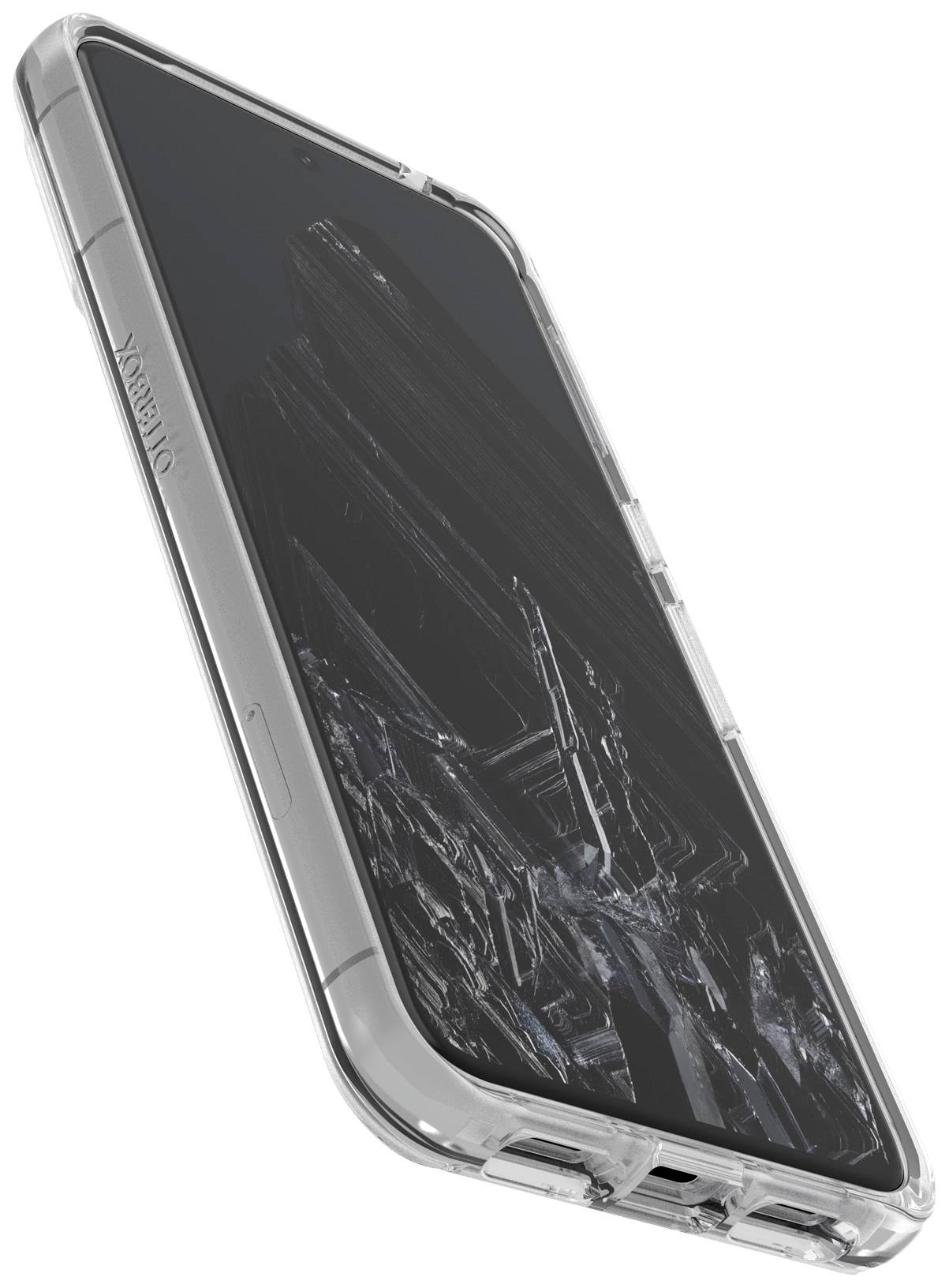 Ein Smartphone mit beschädigtem Bildschirm, umgeben von einer transparenten Schutzhülle.