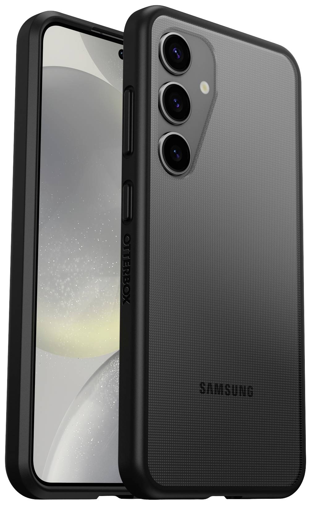 Smartphone mit schwarzem OtterBox-Gehäuse, drei Kameras und dem Samsung-Logo auf der Rückseite.