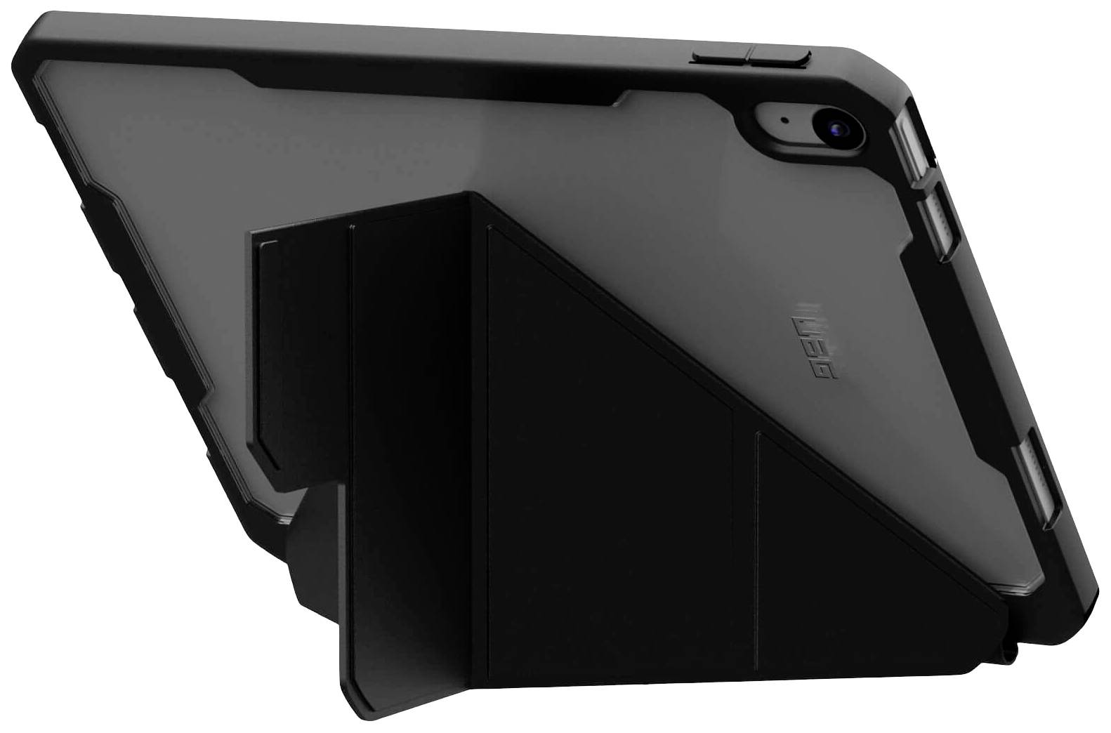 Ein Tablet ist in einer stabilen Schutzhülle aufgestellt. Die Hülle hat ein integriertes Standsystem für eine schräg nach hinten geneigte Positionierung.