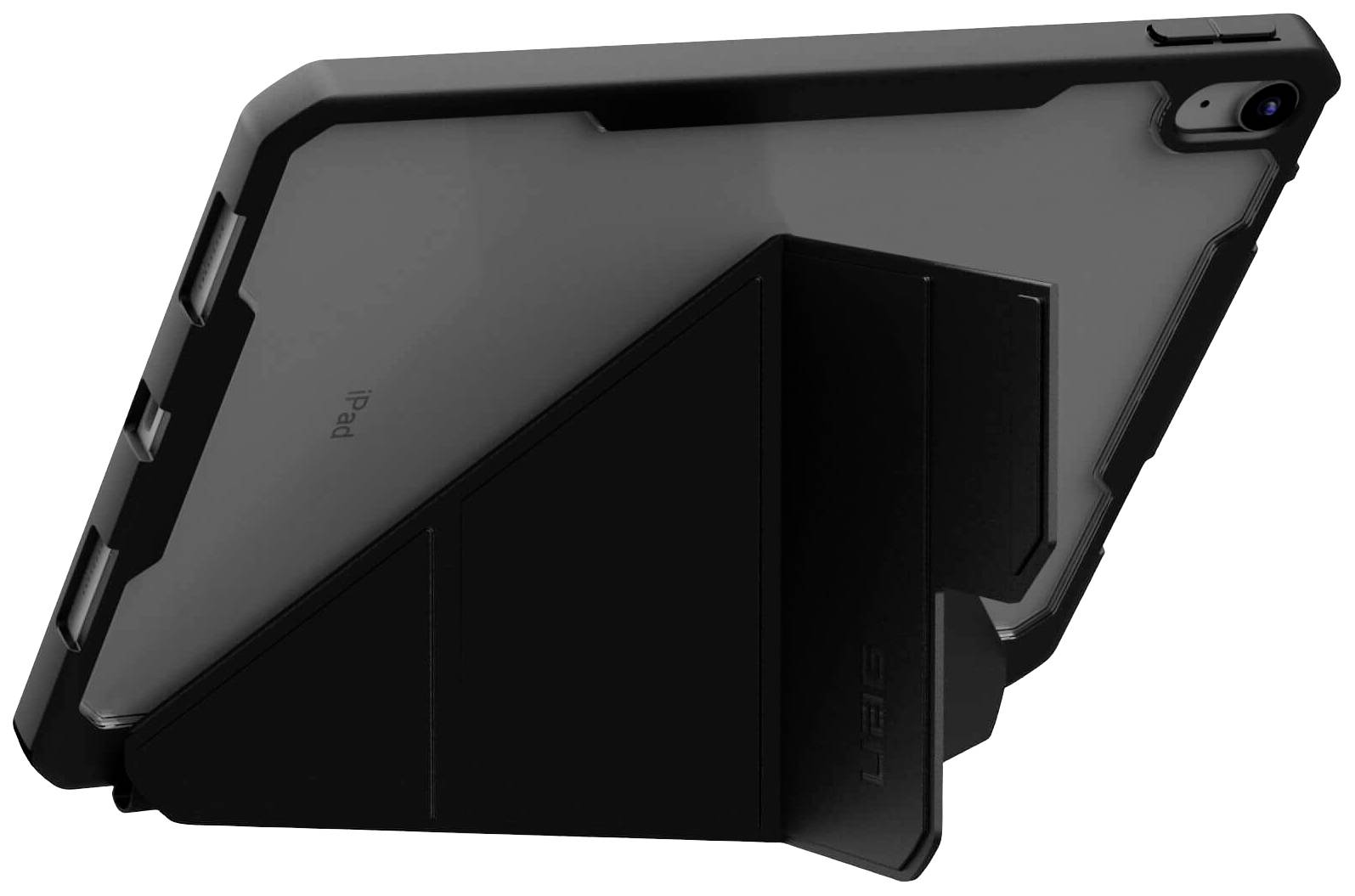 Ein Tablet mit robuster schwarzer Schutzhülle steht auf einem Ständer. Der Ständer ist klappbar und unterstützt das Tablet in aufrechter Position.