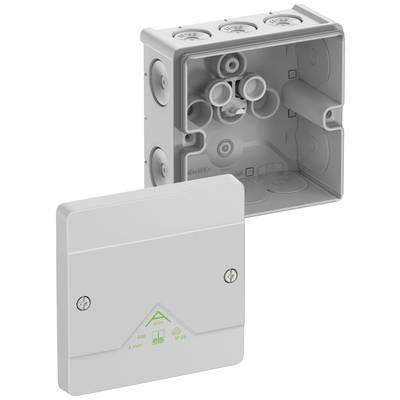Eine graue Aufputzdose mit abgenommenem Deckel, zeigt Innenansicht mit mehreren Kabelzuführungen. Entworfen für Elektrikinstallationen.