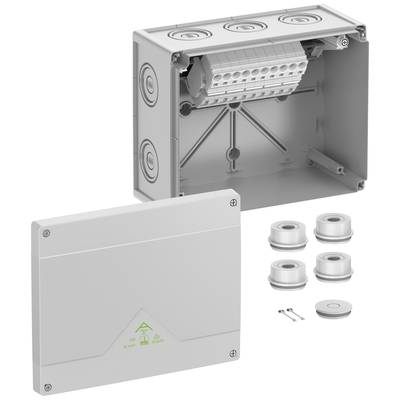 Grau-transparentes Elektrokabelgehäuse mit geöffnetem Deckel und Kabelverschraubungen, geeignet zum Schutz elektrischer Anschlüsse.