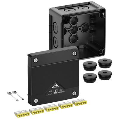 Schwarze Verteilerdose mit abgenommenem Deckel, vier Kabelverschraubungen und mehreren Steckverbindern. Geeignet für Elektroinstallationen.