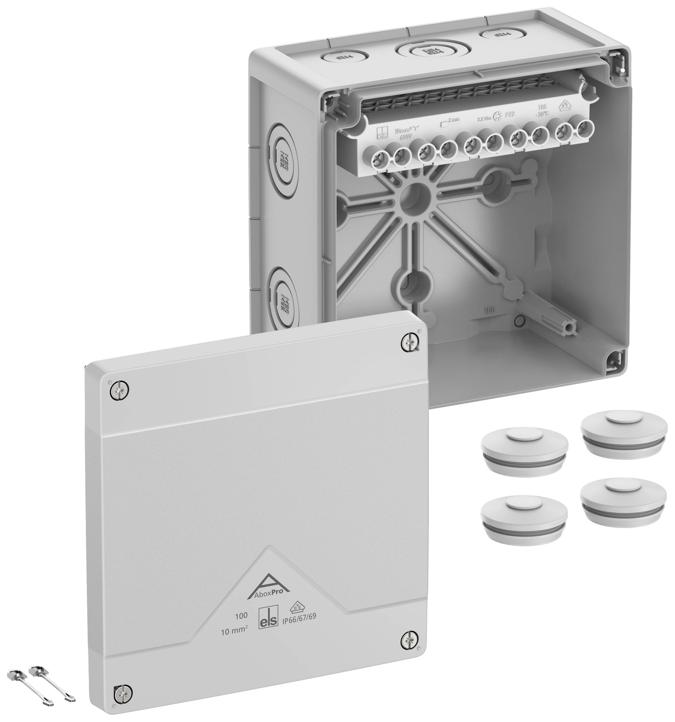 Elektrische Verteilerbox geöffnet, zeigt innere Anschlüsse. Abdeckung daneben mit Schrauben und Dichtungen, bereit zur Montage.