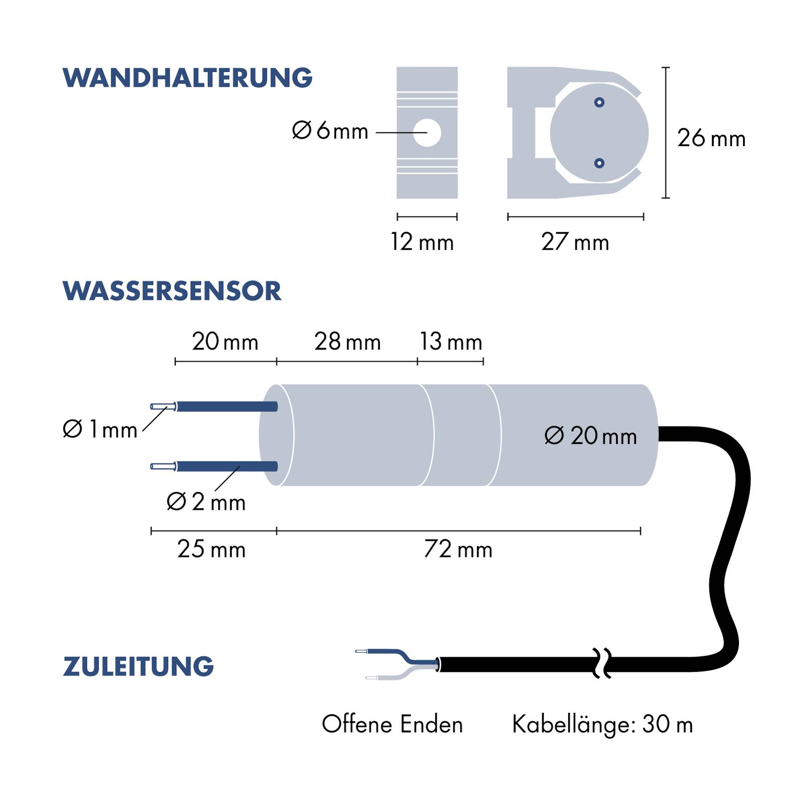 'Abbildungen von Wandhalterung, Wassersensor und Zuleitung mit genauen Maßangaben in Millimetern. Kabellänge: 30 m.'