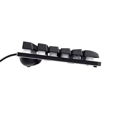 Seitenansicht einer schwarzen Computertastatur mit gewölbten erhöhten Tasten in einem gefederten Design.
