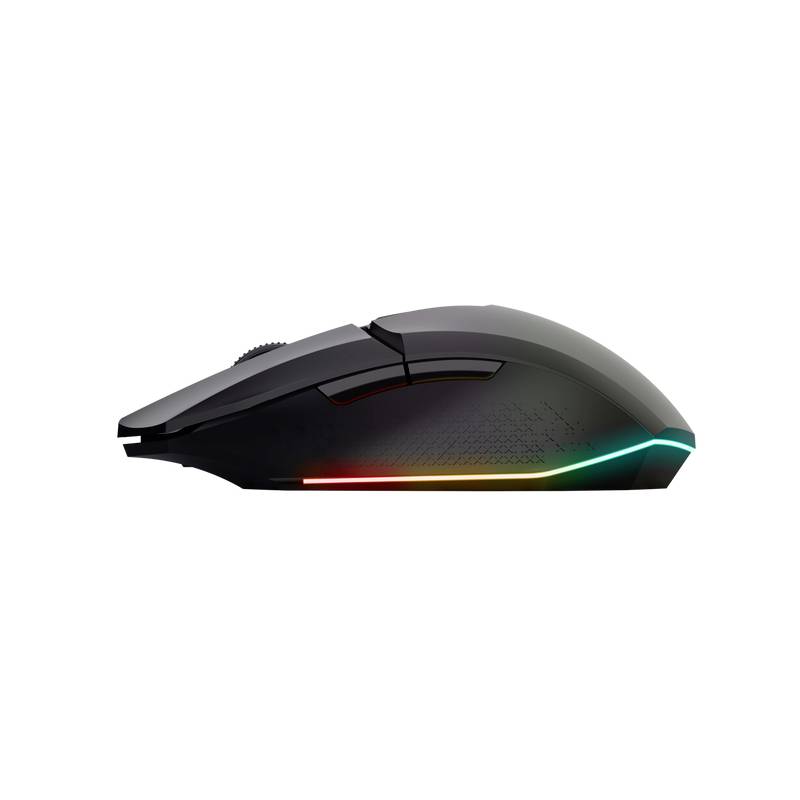 Kabellose Gaming-Maus mit ergonomischem Design, seitlichen Tasten und RGB-Beleuchtung an der unteren Kante.
