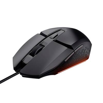 Schwarze Gaming-Maus mit seitlicher roter LED-Beleuchtung und mehreren Tasten, geeignet für präzises Computerspielen.