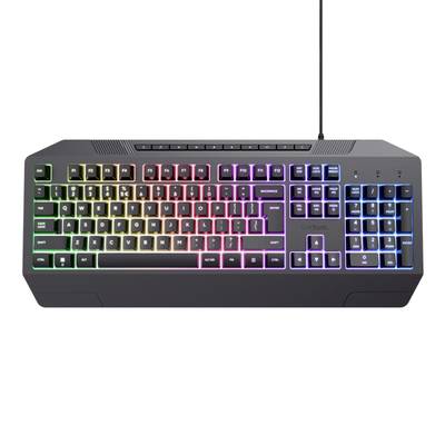 Schwarze Gaming-Tastatur mit RGB-Hintergrundbeleuchtung in verschiedenen Farben.