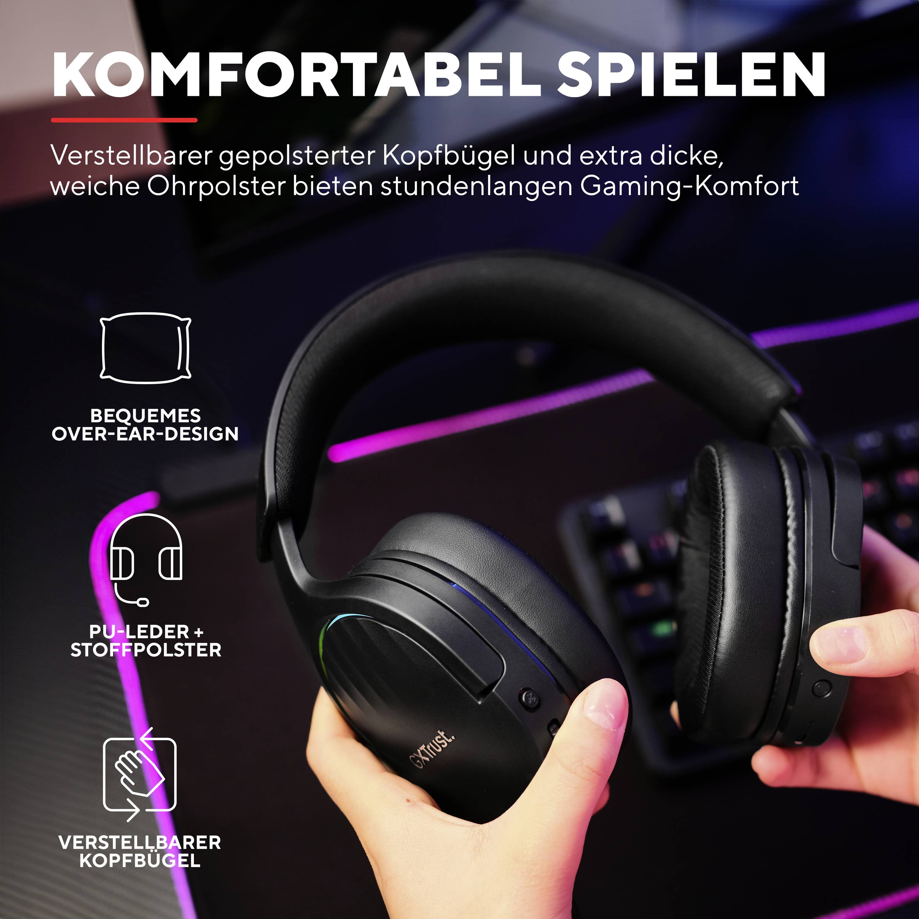 Schwarze Over-Ear-Kopfhörer mit gepolstertem Kopfband und Stoffpolster; Text: 'Komfortabel spielen'. Fokus auf Komfort und Design.