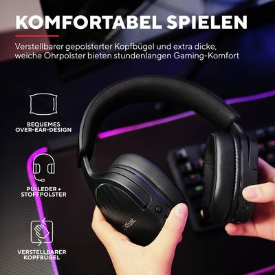 Schwarze Over-Ear-Kopfhörer mit gepolstertem Kopfband und Stoffpolster; Text: 'Komfortabel spielen'. Fokus auf Komfort und Design.