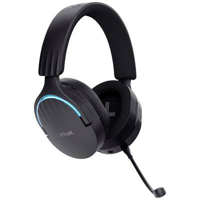 Schwarzes Over-Ear-Gaming-Headset mit beleuchteter blauer Linie an der Seite und flexiblem Mikrofonarm, Marke 'Trust'.