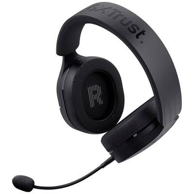 'Schwarzes Gaming-Headset mit Mikrofon, markiert mit R auf der rechten Ohrmuschel und der Marke oben.'