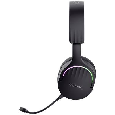 Schwarzes Gaming-Headset mit Mikrofon, beleuchtet mit Regenbogenfarben. Markenlogo 'GXT' auf der Seite des Kopfhörers.