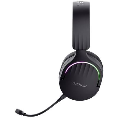 Ein schwarzes Gaming-Headset mit Mikrofon und leuchtenden LED-Lichtern auf den Ohrmuscheln mit der Aufschrift 'GXT Trust'.