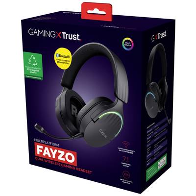 'FAYZO Dual Wireless Gaming Headset' in schwarzer Verpackung, beworben mit 7.1 Surround-Sound, Bluetooth und langer Akkulaufzeit.