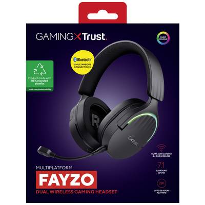 'Trust Fayzo' Dual Wireless Gaming-Headset auf Produktverpackung. Merkmale: Bluetooth, niedrige Latenz, 71 Surround-Sound, 22 Stunden Laufzeit.