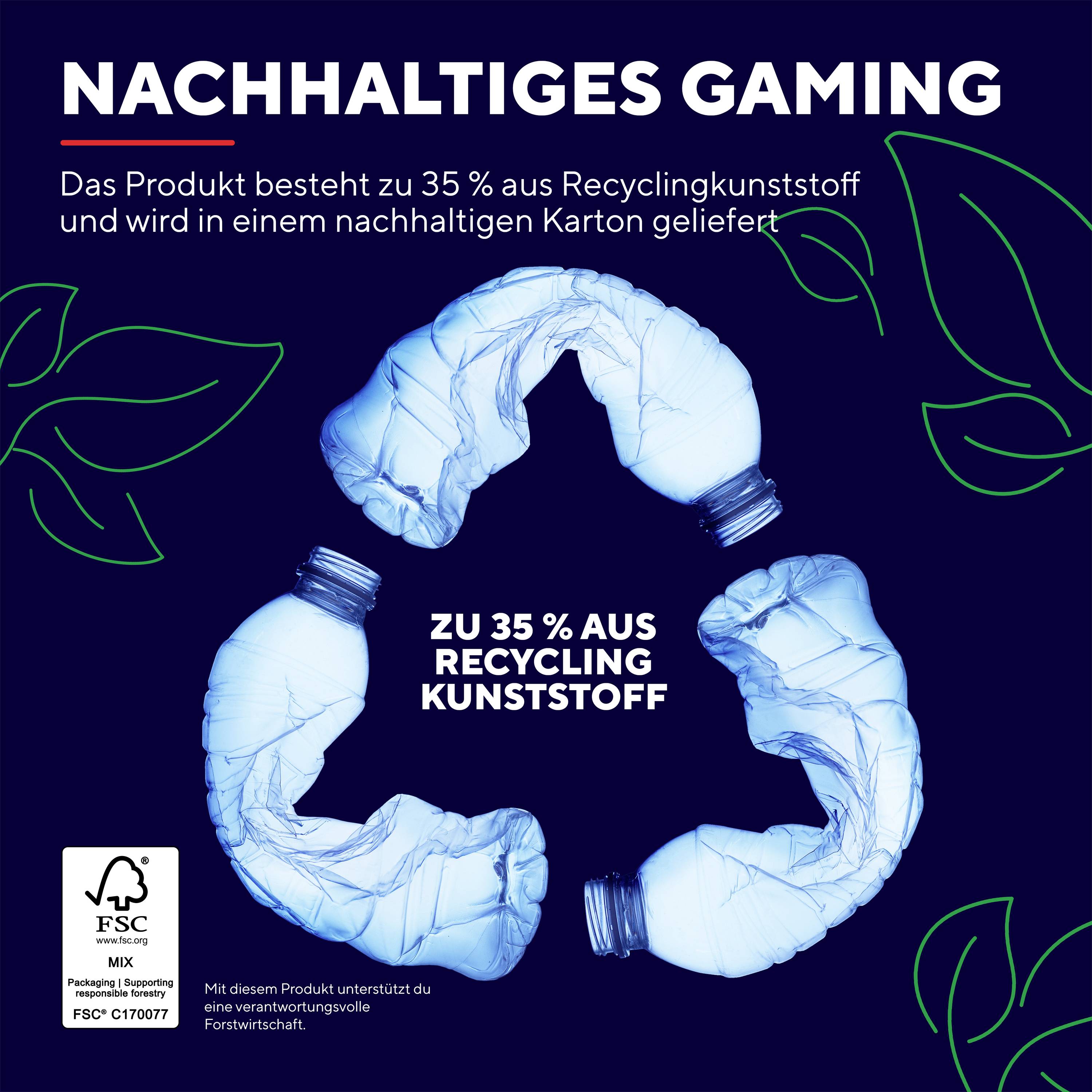'Screenshot eines Posters für nachhaltiges Gaming. Ein Kreis von Plastikflaschen füllt die Mitte. Text: "Zu 35 % aus Recyclingkunststoff".'