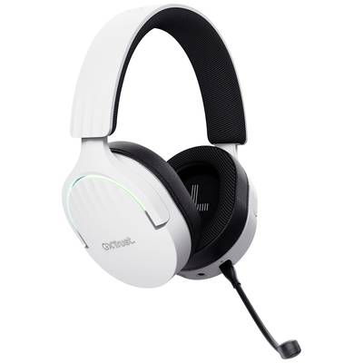 Kabelgebundenes weißes Gaming-Headset mit Mikrofon, schwarzen Ohrpolstern und grüner LED-Beleuchtung. Markenname auf der Seite.