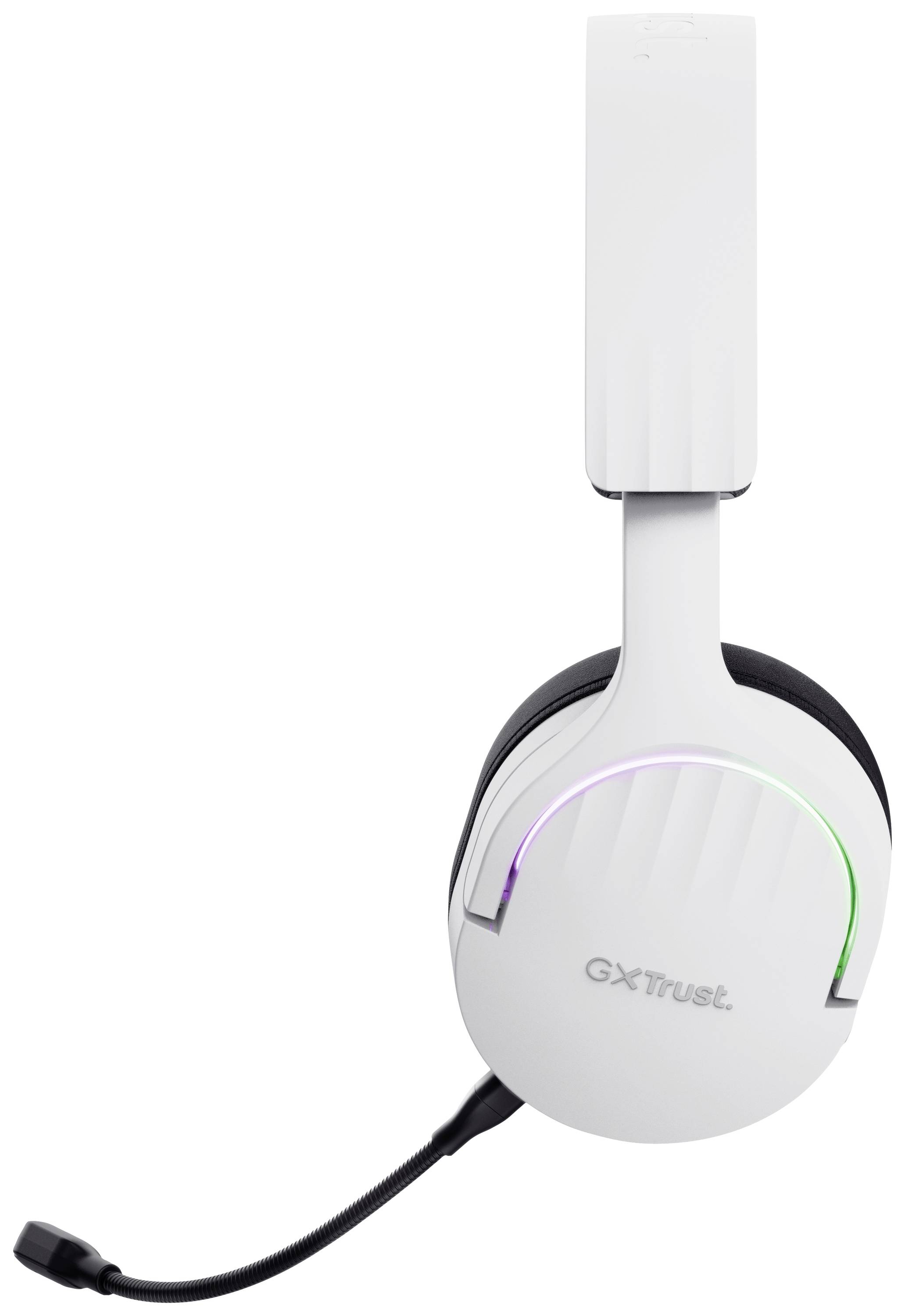 Ein weißes Gaming-Headset mit Mikrofon, seitliche Ansicht. Leuchtet in verschiedenen Farben entlang der Ohrmuschel. Marke 'GX Trust'.