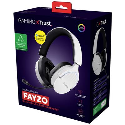 Kabelloses Gaming-Headset 'Fayzo' von Trust. Bietet Bluetooth, 7.1 Surround-Sound und Multi-Plattform-Kompatibilität. Verpackung dunkelblau.