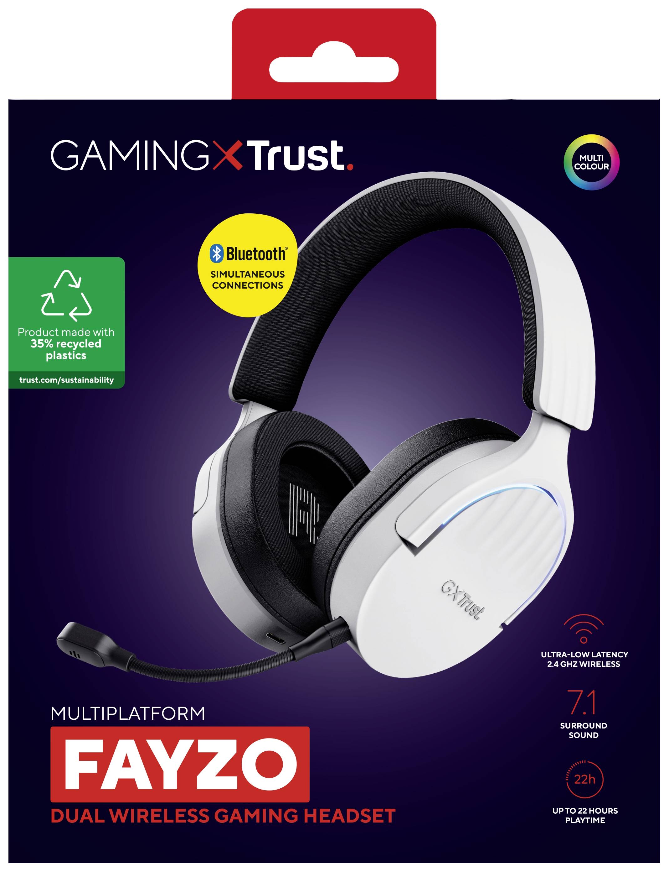 Kabelloses Gaming-Headset 'Fayzo' von Trust mit zwei Verbindungsmodi, 7.1 Surround-Sound, bis zu 22 Stunden Akkulaufzeit.