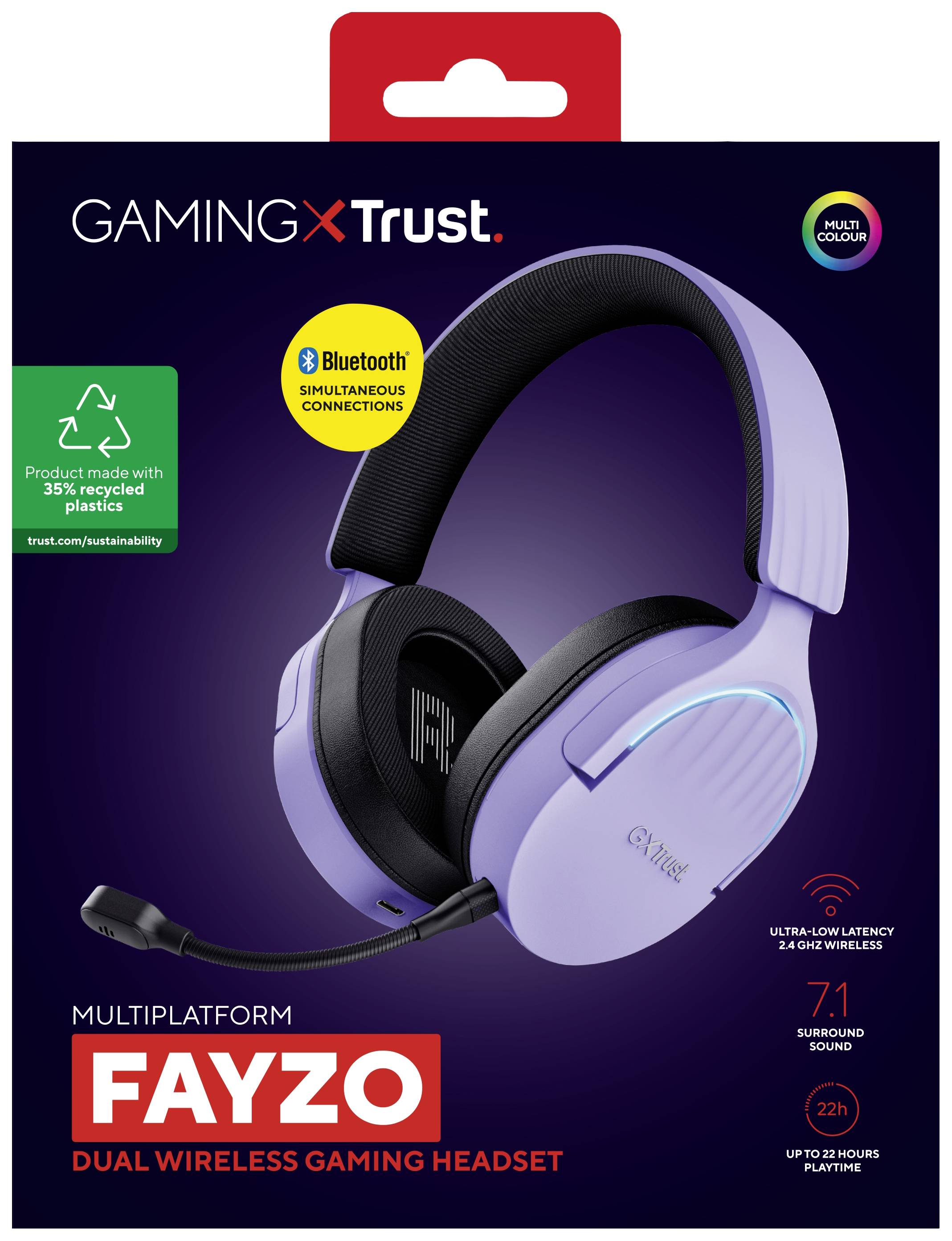 Kabelloses Gaming-Headset in Fliederfarbe mit Bluetooth und LED-Anzeige auf einer Verpackung. Funktionen: Surround Sound, lange Akkulaufzeit.