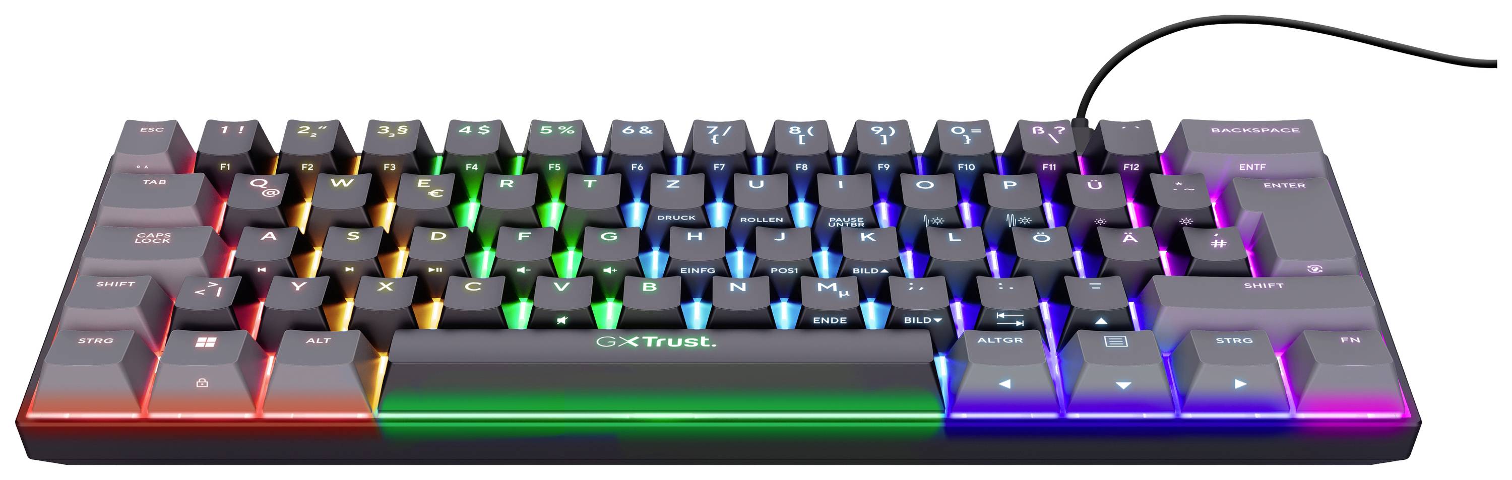 Eine kompakte mechanische Tastatur mit Regenbogen-LED-Beleuchtung und schwarzen Tasten. Verfügt über ein USB-Kabel.