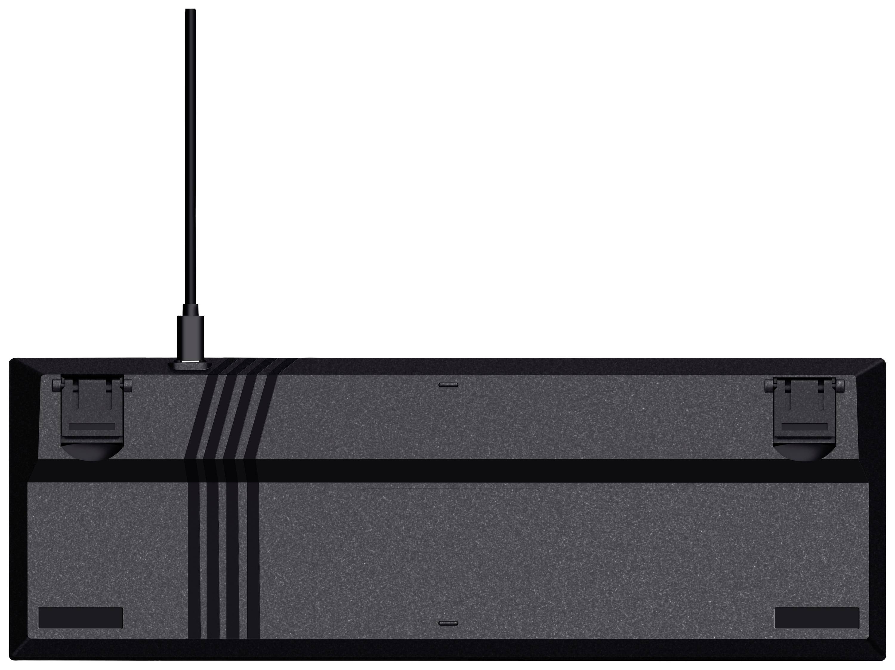 Rückseite einer schwarzen Tastatur mit zwei ausklappbaren Füßen und einer abnehmbaren Antenne.