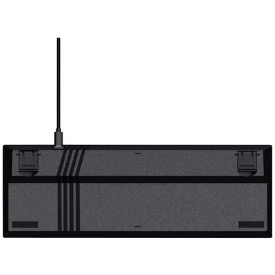 Rückseite einer schwarzen Tastatur mit zwei ausklappbaren Füßen und einer abnehmbaren Antenne.