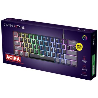 Die Verpackung eines kompakten, mechanischen Mini-Tastaturmodells 'ACIRA' von Trust, mit RGB-Beleuchtung und 60% Design, für PC/PlayStation.