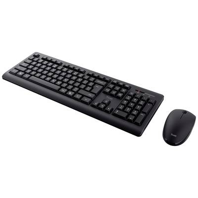 Schwarze Computer-Tastatur und kabellose Maus auf weißem Hintergrund. Beide Geräte haben ein schlichtes Design.