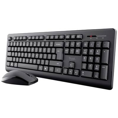 Schwarze drahtlose Tastatur mit Zahlenblock und dazugehöriger Maus von Trust auf weißem Hintergrund.