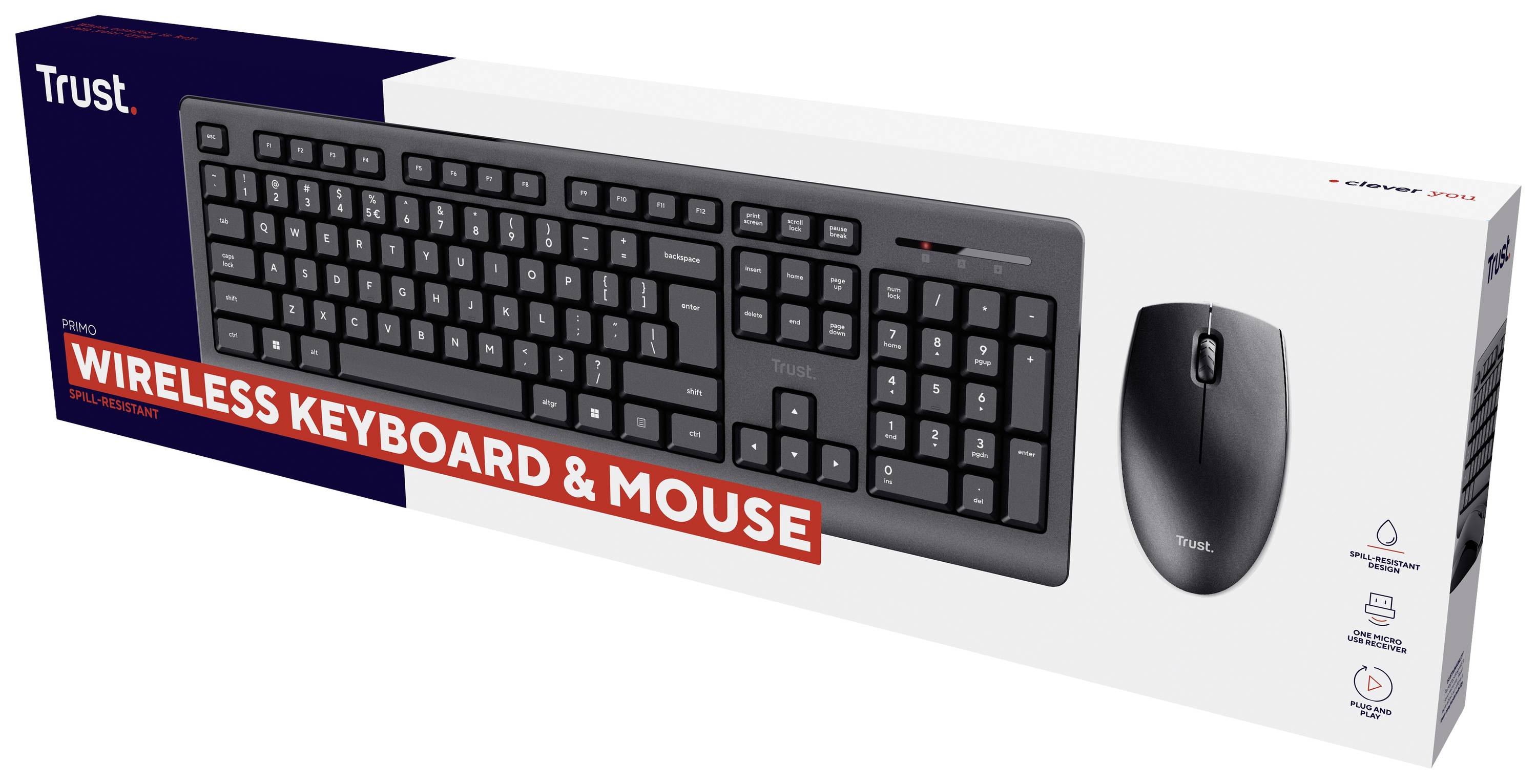 Kabellose Tastatur und Maus von Trust; Verpackung zeigt die Geräte nebeneinander, betont die drahtlose Funktionalität.