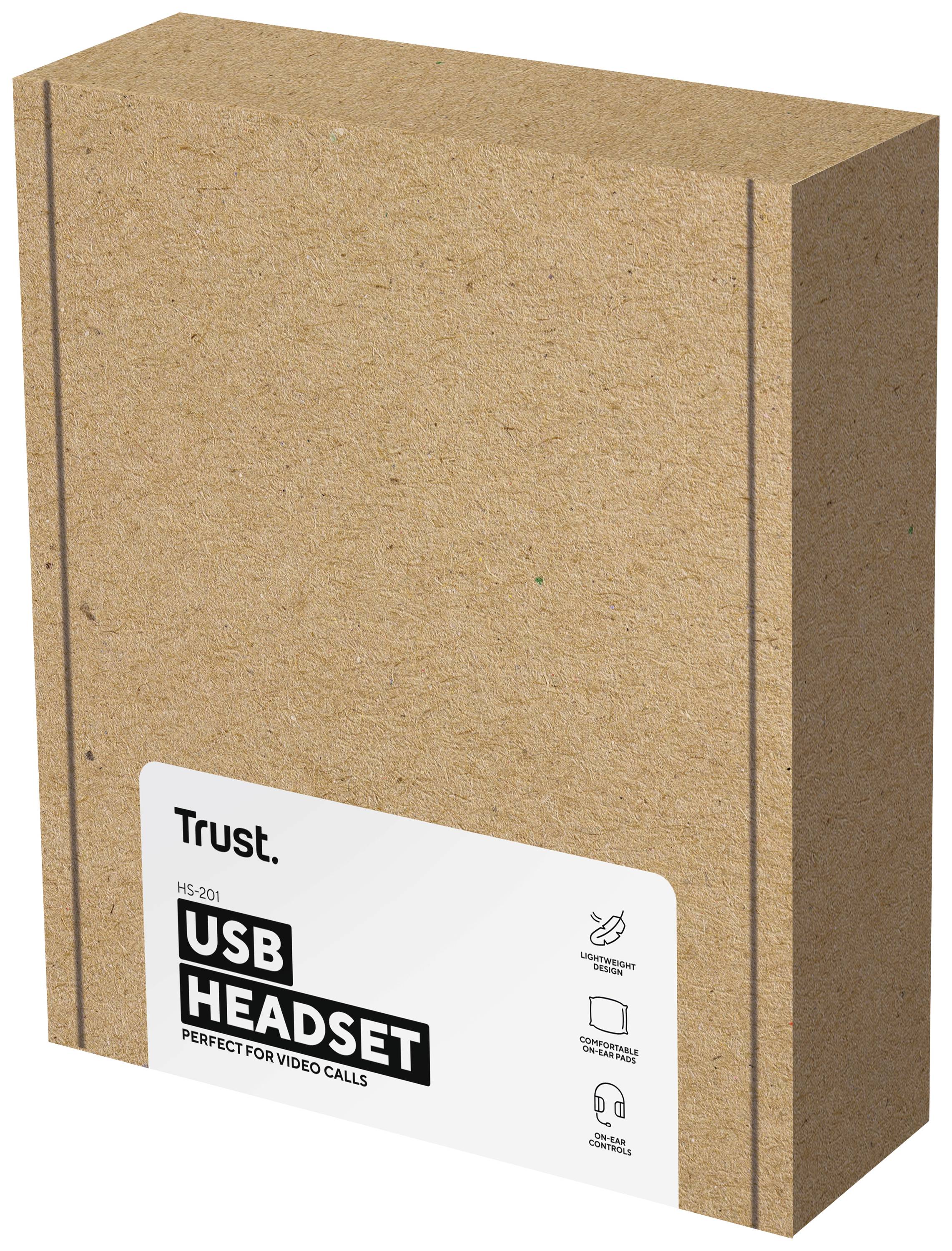 Kartonverpackung eines USB-Headsets mit der Aufschrift 'USB Headset - Ideal für Videoanrufe'.