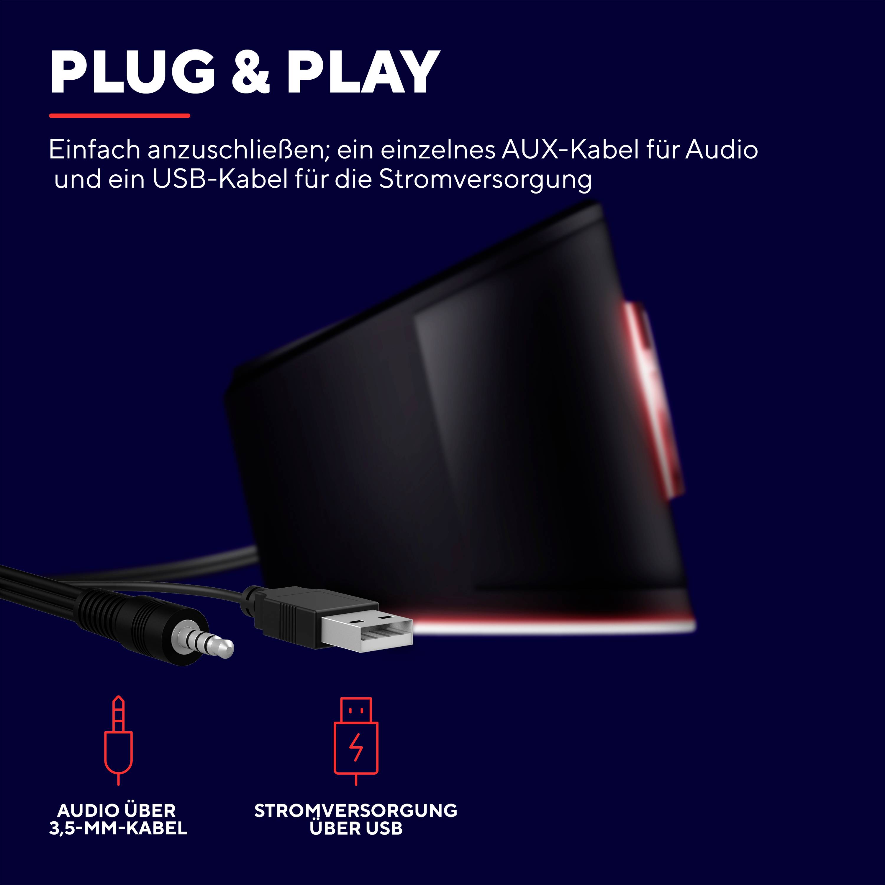 'Plug & Play': Ein Gerät mit einfacher Verbindung: Audio über 3,5-mm-AUX-Kabel und Stromversorgung über USB-Kabel.