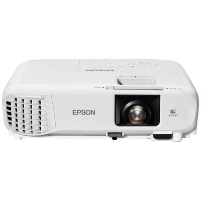 Ein weißer Epson-Projektor mit HD-Auflösung, belüftetem Gehäuse und Bedienfeld oben. Ideal für Präsentationen und Heimkino.