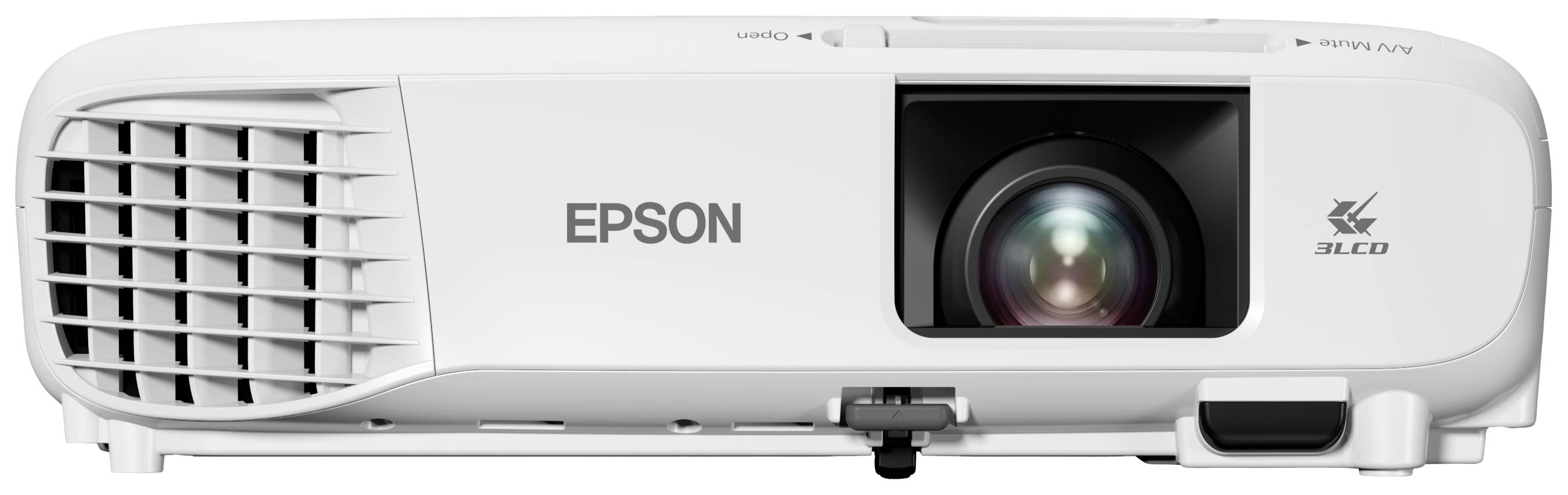 Ein weißer Epson 3LCD-Projektor mit zentralem Objektiv, geeignet für Präsentationen oder Heimkino.
